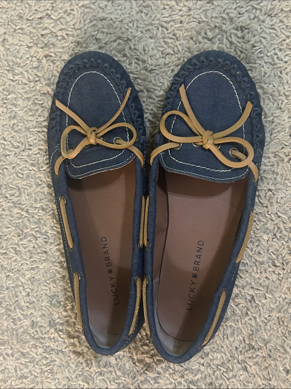 Lucky Brand Navy Canvas Moccasins with Tan Bow Accents